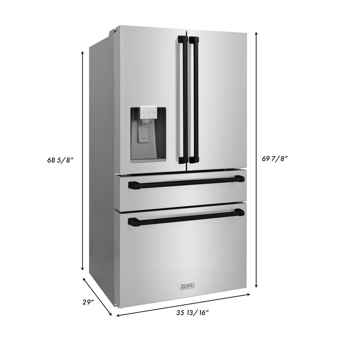 ZLINE 36-Inch French Door Refrigerator with Water & Ice Dispenser, Fingerprint Resistant Stainless Steel, Matte Black Accents (RFMZ-W-36-MB)