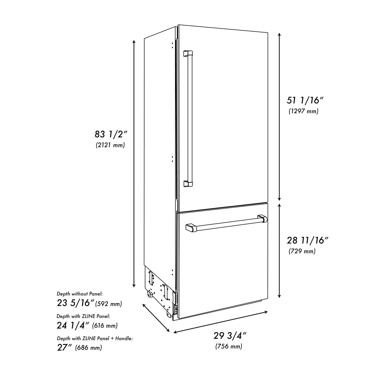 ZLINE 30-Inch Built-In Refrigerator 16.1 cu. ft. Internal Water & Ice Dispenser White Matte with Matte Black Accents (RBIVZ-WM-30-MB)