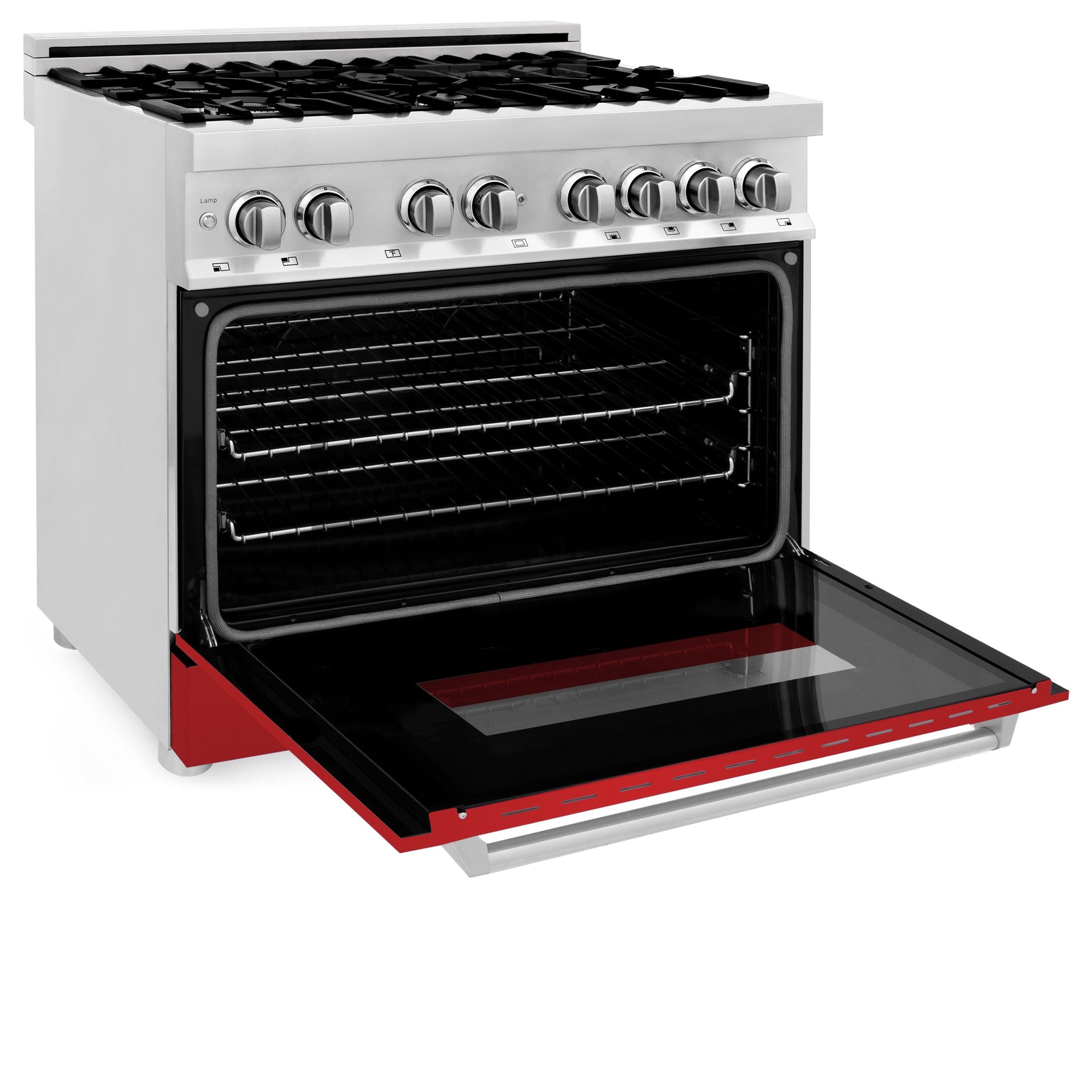 zline-36-in-dual-fuel-range-with-6-burner-gas-cooktop-and-electric-convection-oven-in-stainless-steel-with-red-matte-door-ra-rm-36