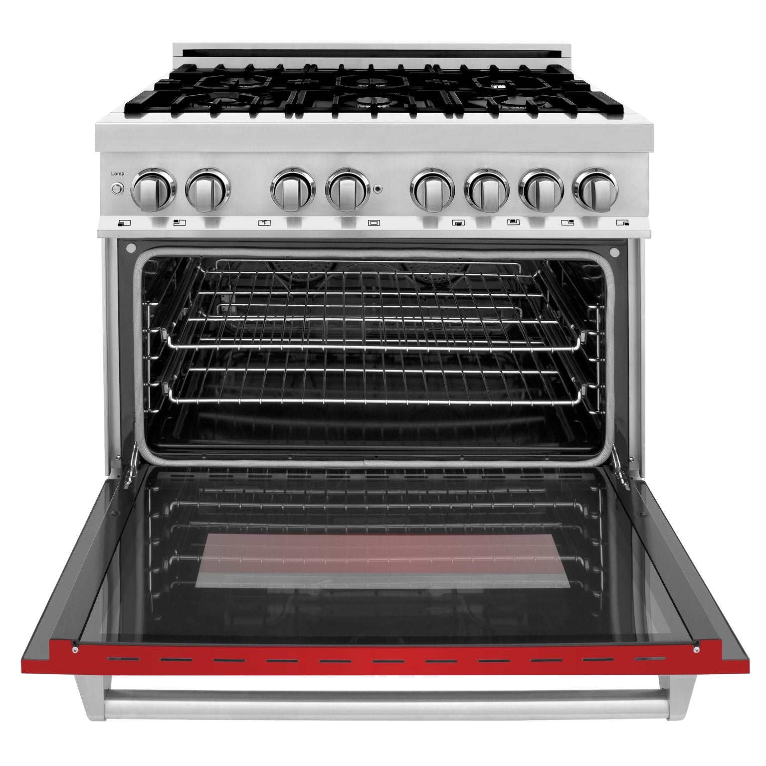 zline-36-in-dual-fuel-range-with-6-burner-gas-cooktop-and-electric-convection-oven-in-stainless-steel-with-red-matte-door-ra-rm-36