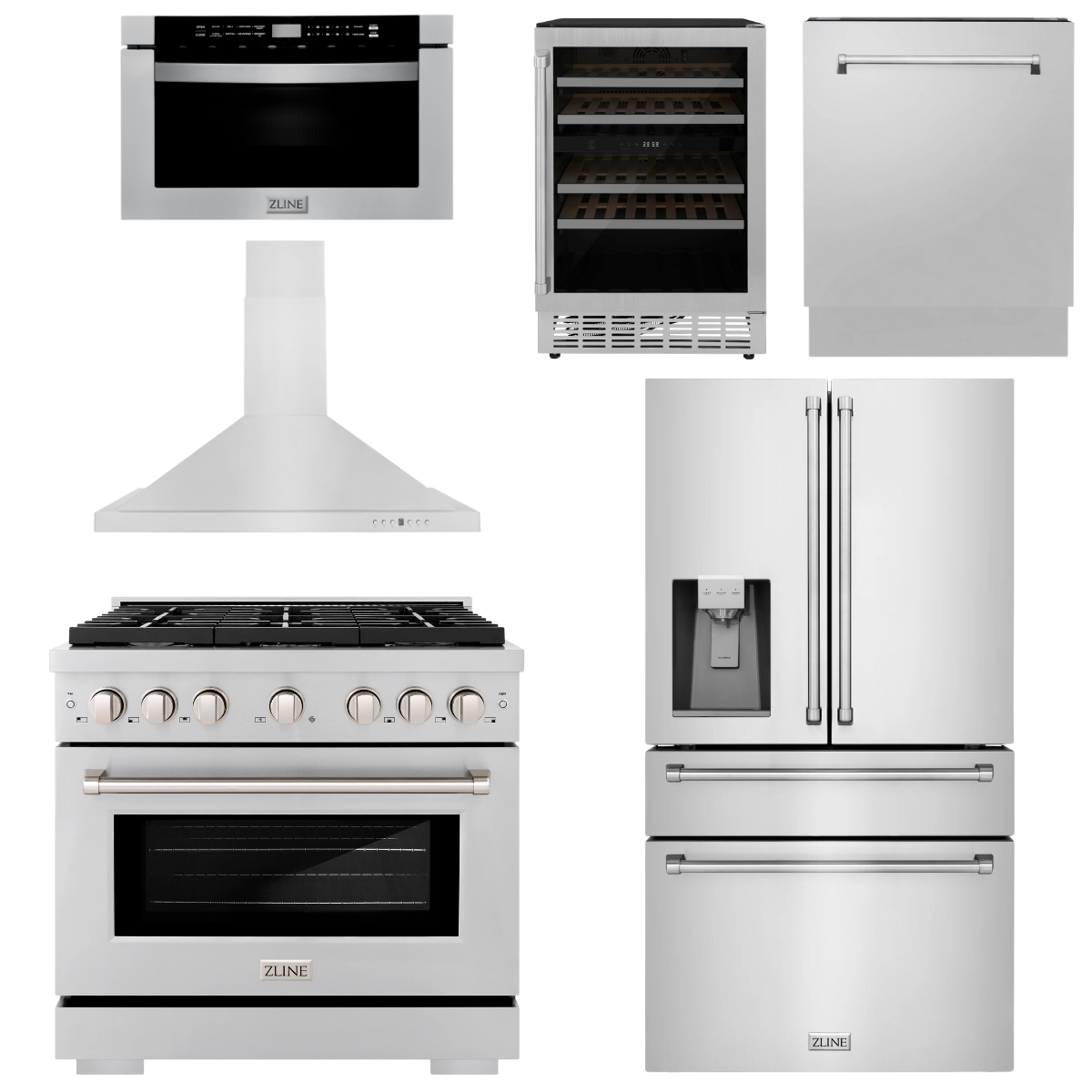 zline-appliance-package-36-gas-range-range-hood-refrigerator-with-water-and-ice-dispenser-microwave-drawer-dishwasher-and-wine-cooler