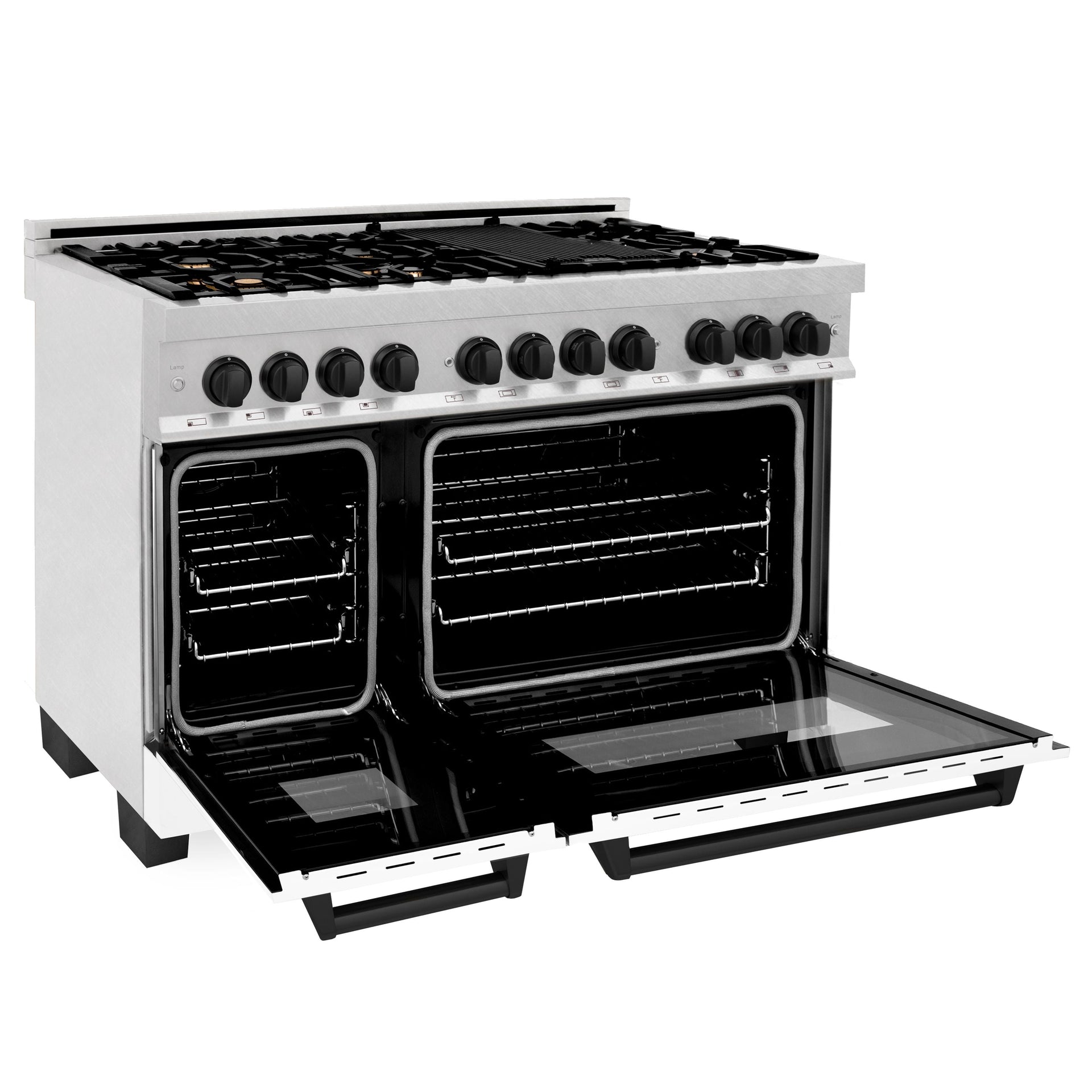 zline-autograph-48-in-6-0-cu-ft-legacy-dual-fuel-range-with-7-gas-burners-and-double-electric-ovens-in-satin-stainless-steel-with-white-matte-doors-and-matte-black-accents-rasz-wm-48-mb