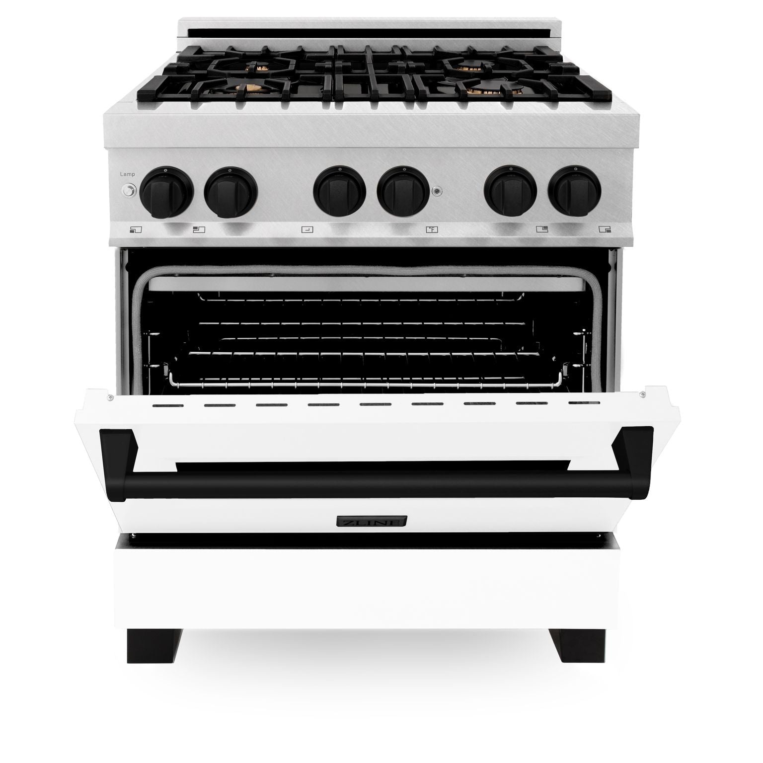 zline-autograph-edition-30-in-4-0-cu-ft-legacy-dual-fuel-range-with-4-burner-gas-cooktop-and-electric-convection-oven-in-satin-stainless-steel-with-white-matte-door-and-matte-black-accents-rasz-wm-30-mb
