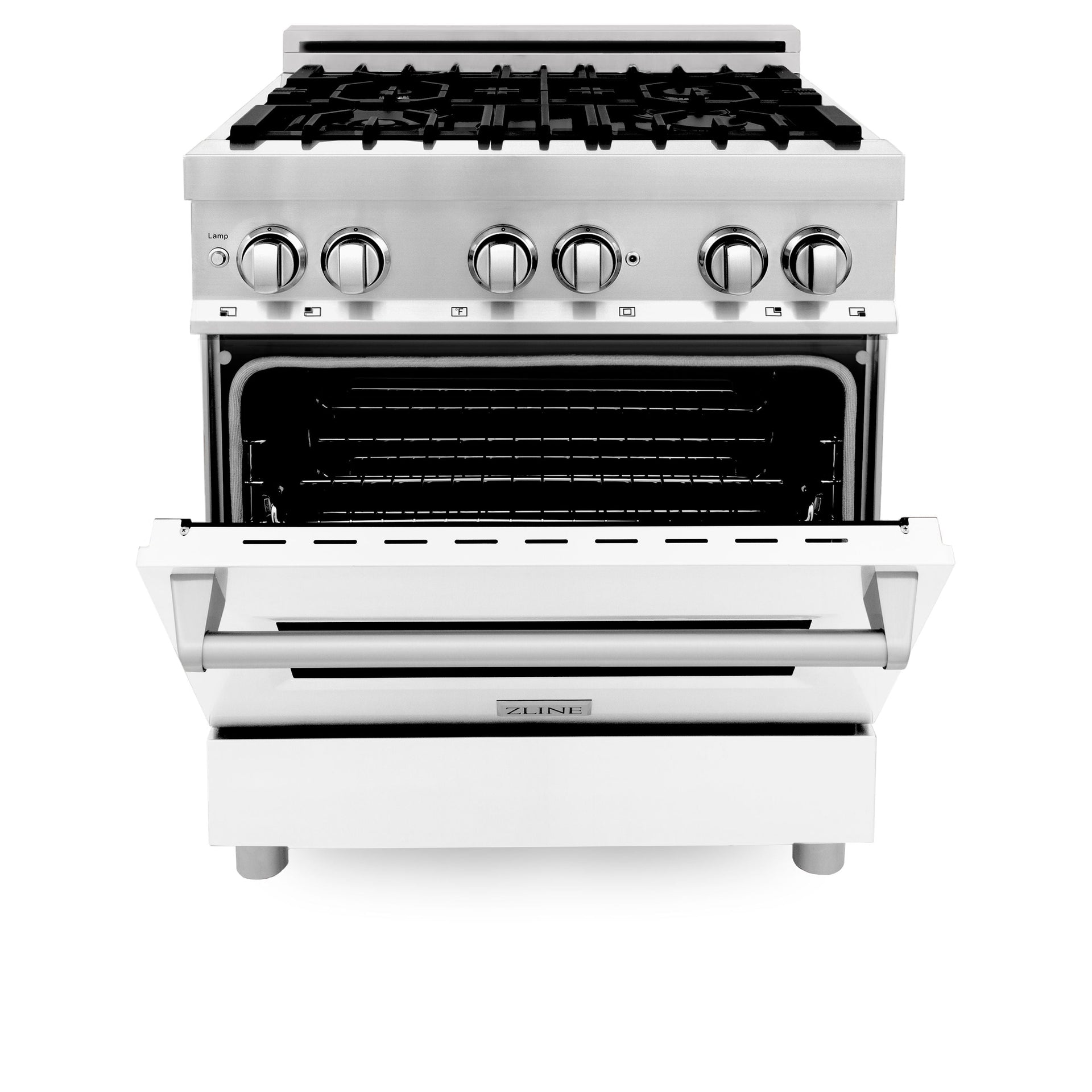 zline-30-inch-professional-gas-range-with-electric-oven-stainless-steel-white-matte-door-model-ra-wm-30
