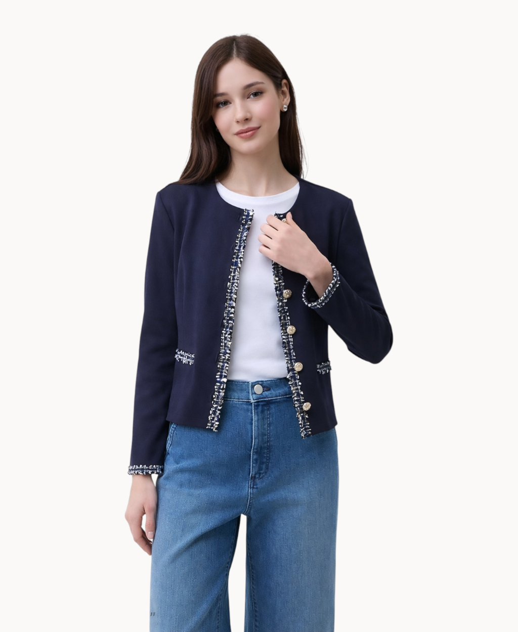 petite-crewneck-jacket-for-women-tailored-fit-with-denim-trim-button-front-long-sleeve
