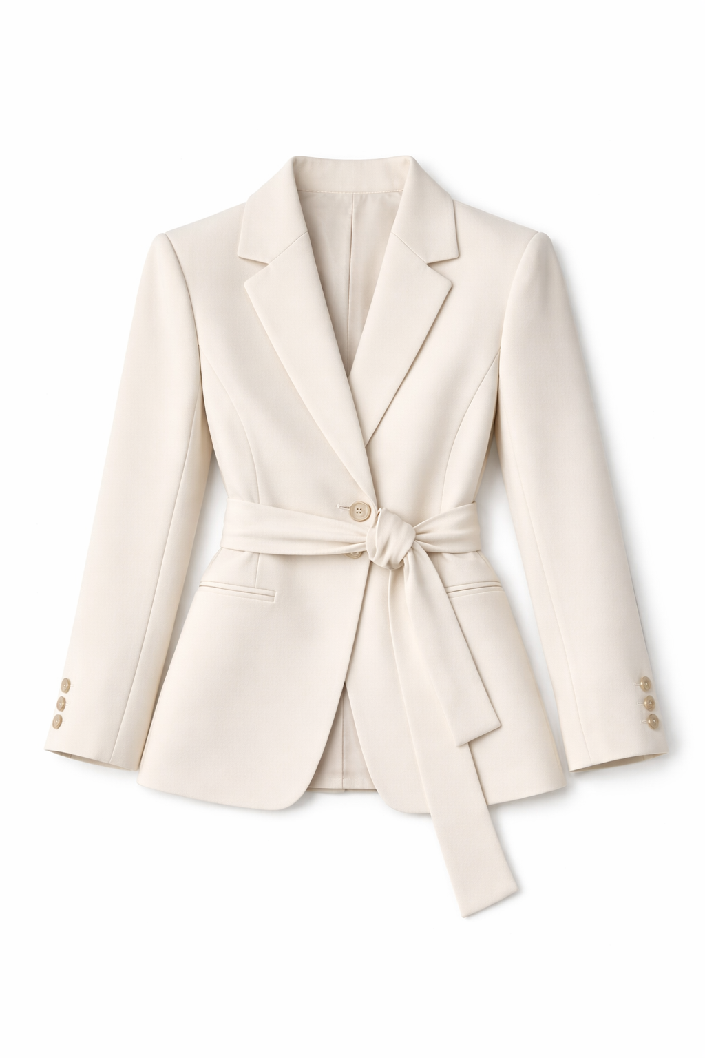 petite-belted-blazer-jacket-for-women-long-sleeve-tailored-fit-peak-lapel-single-button-front-beige-color