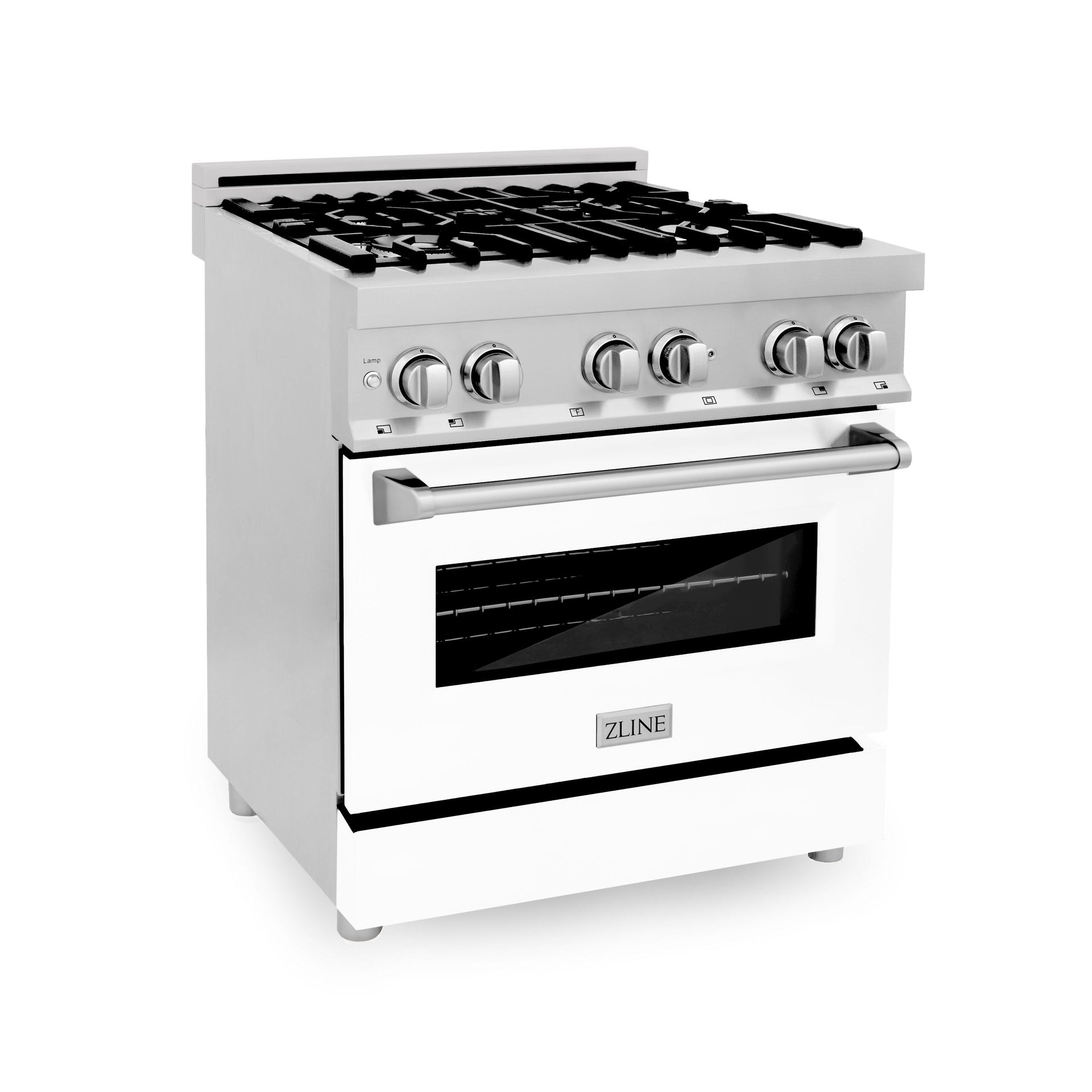 zline-30-inch-professional-gas-range-with-electric-oven-stainless-steel-white-matte-door-model-ra-wm-30
