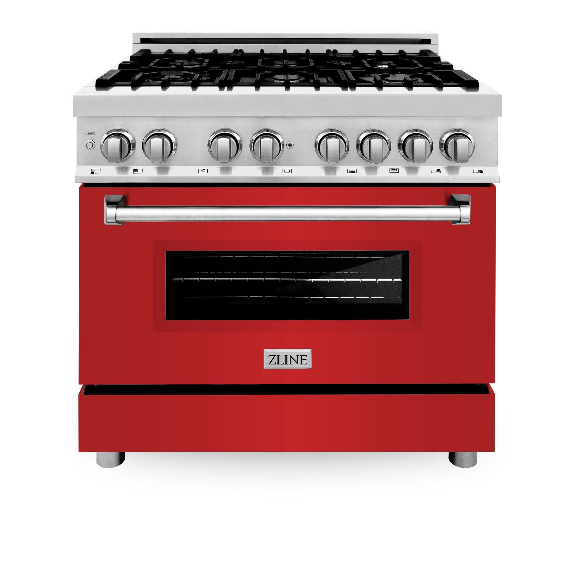 zline-36-in-dual-fuel-range-with-6-burner-gas-cooktop-and-electric-convection-oven-in-stainless-steel-with-red-matte-door-ra-rm-36