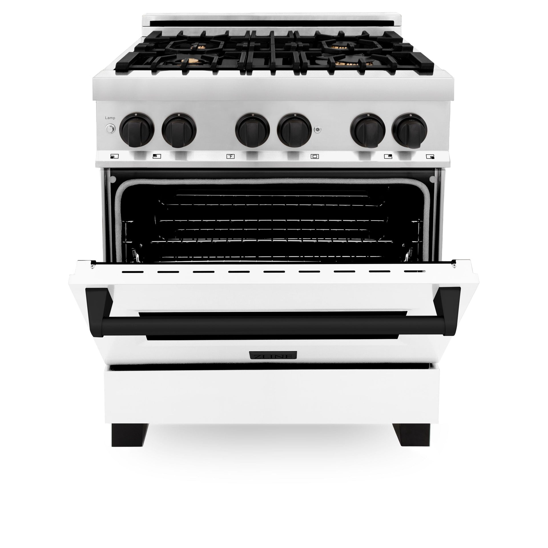 zline-autograph-30-in-dual-fuel-range-4-0-cu-ft-gas-cooktop-with-electric-convection-oven-white-matte-door-and-black-matte-accents-raz-wm-30-mb