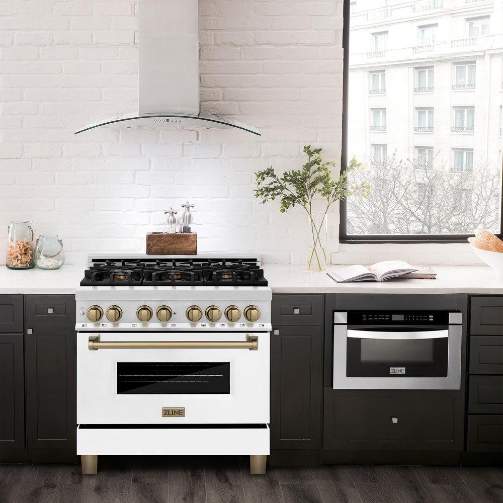 zline-autograph-edition-36-in-4-6-cu-ft-dual-fuel-range-with-gas-cooktop-and-electric-convection-oven-white-matte-door-with-champagne-bronze-accents-raz-wm-36-cb