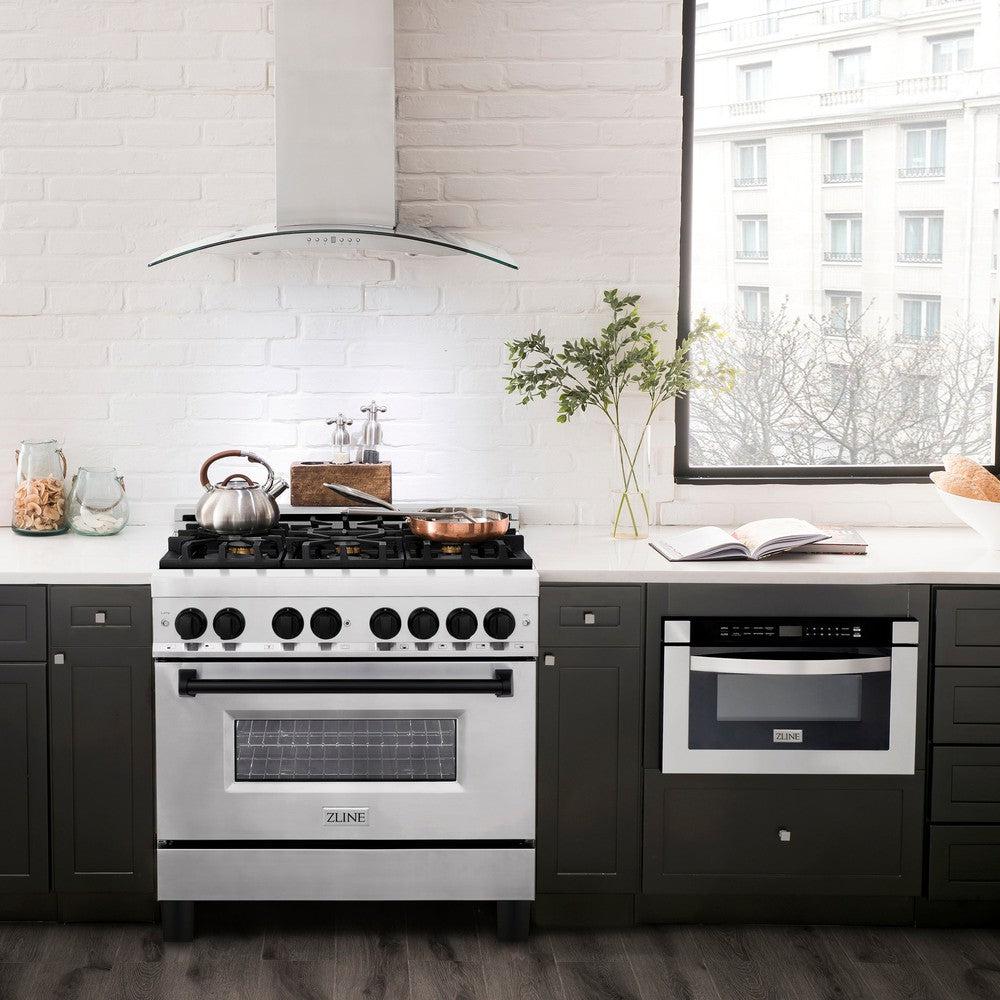 zline-autograph-edition-36-in-4-6-cu-ft-dual-fuel-range-with-gas-cooktop-and-electric-convection-oven-in-stainless-steel-with-black-matte-accents-raz-36-mb