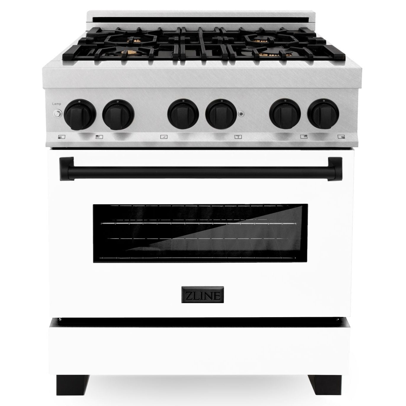zline-autograph-edition-30-in-4-0-cu-ft-legacy-dual-fuel-range-with-4-burner-gas-cooktop-and-electric-convection-oven-in-satin-stainless-steel-with-white-matte-door-and-matte-black-accents-rasz-wm-30-mb