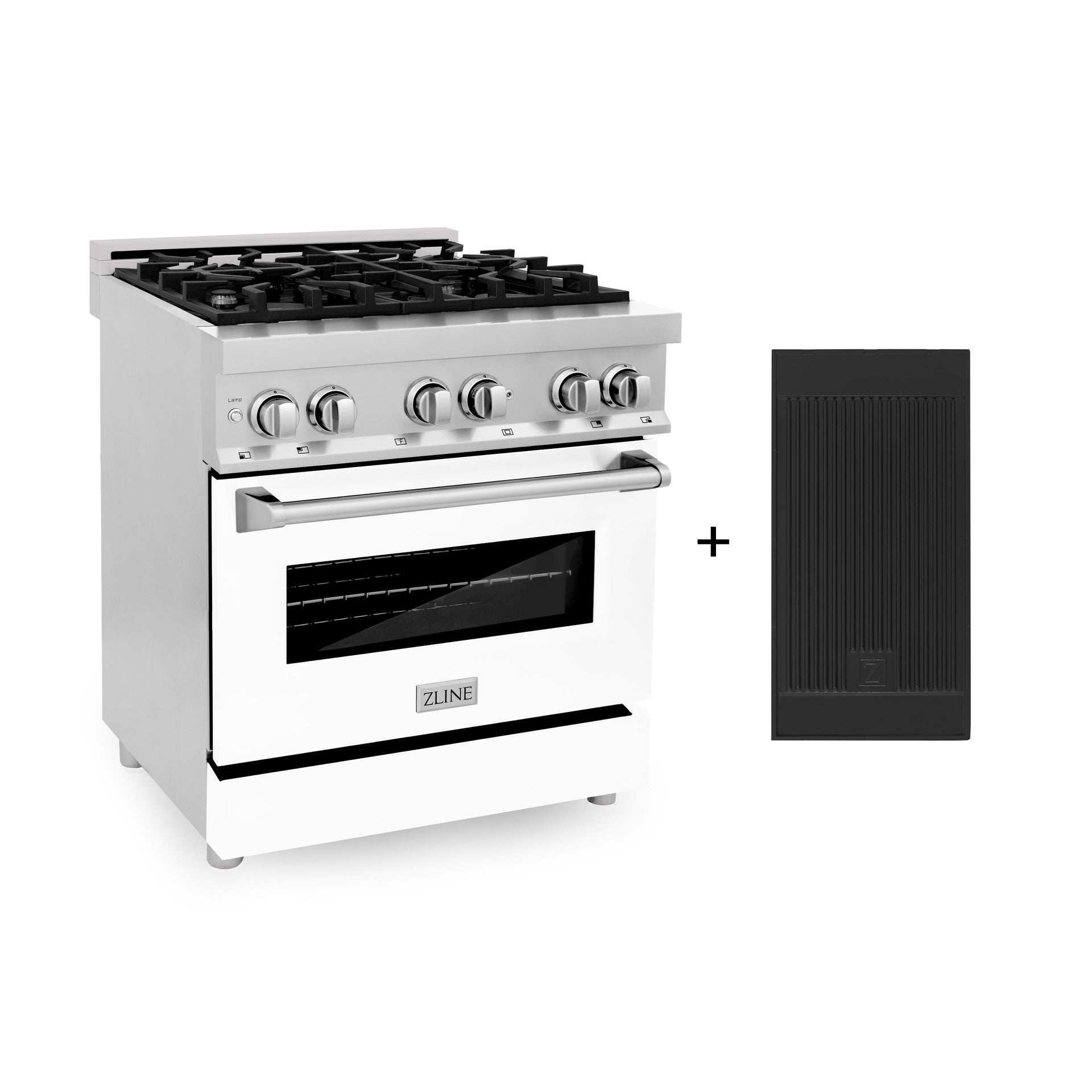 zline-30-inch-dual-fuel-range-with-gas-burners-electric-oven-griddle-and-white-matte-door-in-stainless-steel-4-0-cu-ft-model-ra-wm-gr-30
