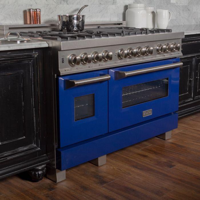 zline-appliance-package-48-dual-fuel-range-with-blue-gloss-door-and-convertible-vent-range-hood-in-satin-stainless-steel-2kp-rasbgrh48
