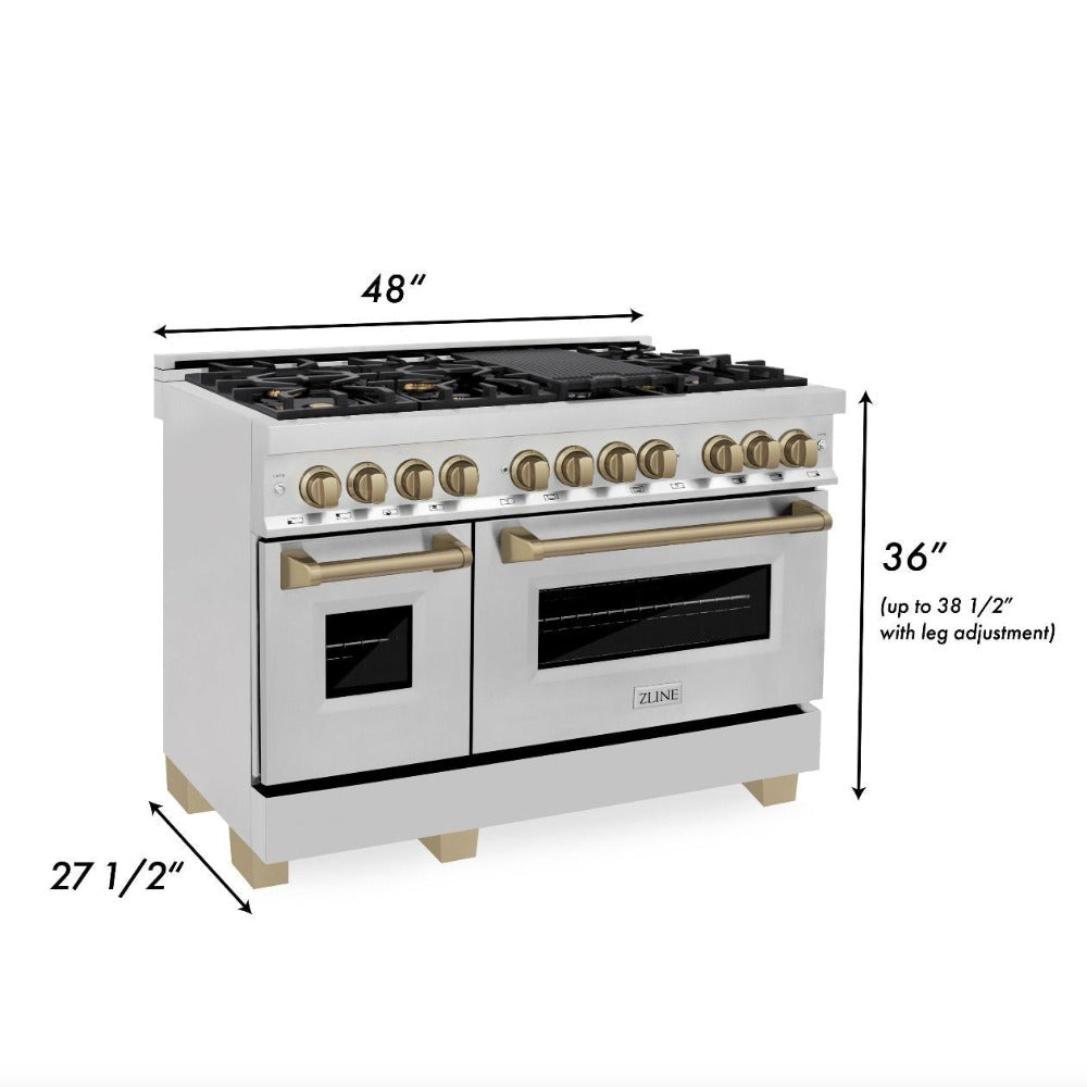 zline-autograph-edition-48-in-dual-fuel-range-6-0-cu-ft-oven-stainless-steel-with-champagne-bronze-accents-model-raz-48-cb