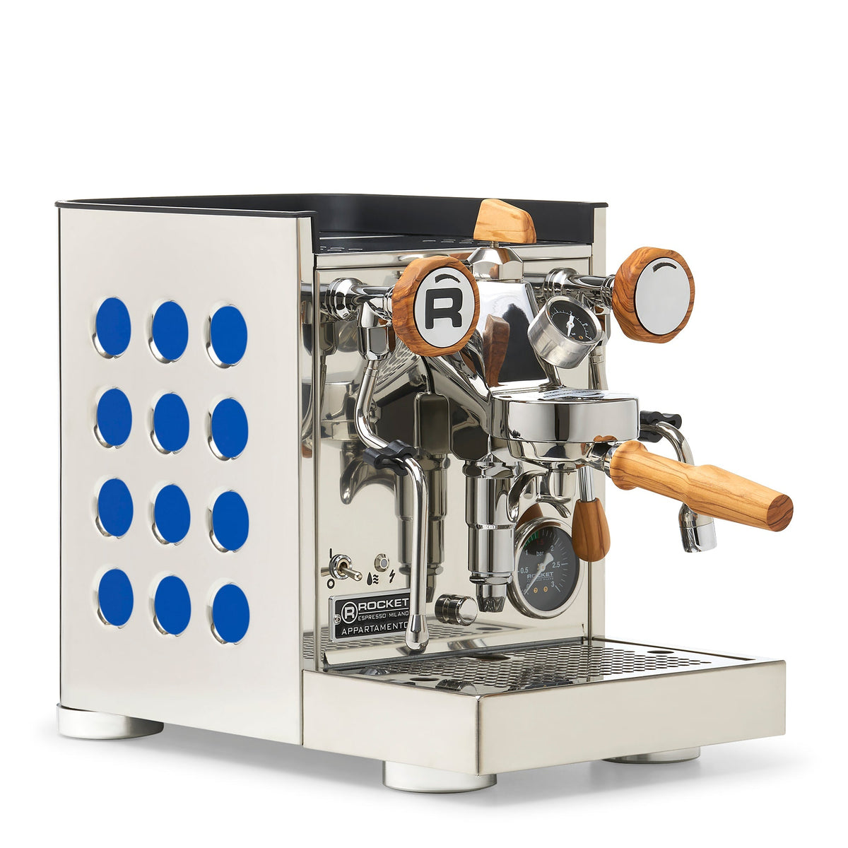 Rocket Espresso Appartamento TCA Heat-Exchange Espresso Machine in Stainless Steel with White Stripe