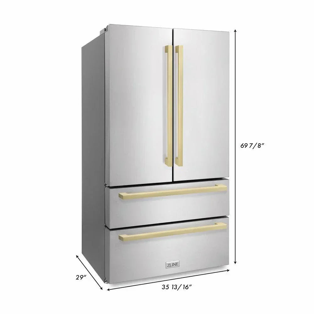 ZLINE 36-Inch French Door Refrigerator 22.5 Cu. Ft. Stainless Steel Ice Maker Champagne Bronze Handles (RFMZ-36-FCB)