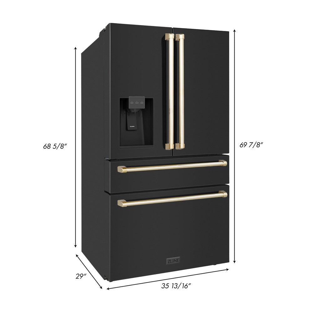 zline-36-inch-freestanding-french-door-refrigerator-with-water-ice-dispenser-black-stainless-steel-gold-handles-rfmz-w-36-bs-g