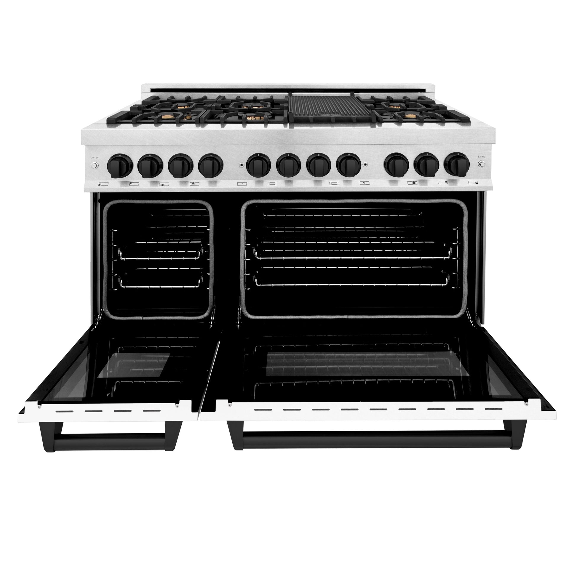 zline-autograph-48-in-6-0-cu-ft-legacy-dual-fuel-range-with-7-gas-burners-and-double-electric-ovens-in-satin-stainless-steel-with-white-matte-doors-and-matte-black-accents-rasz-wm-48-mb
