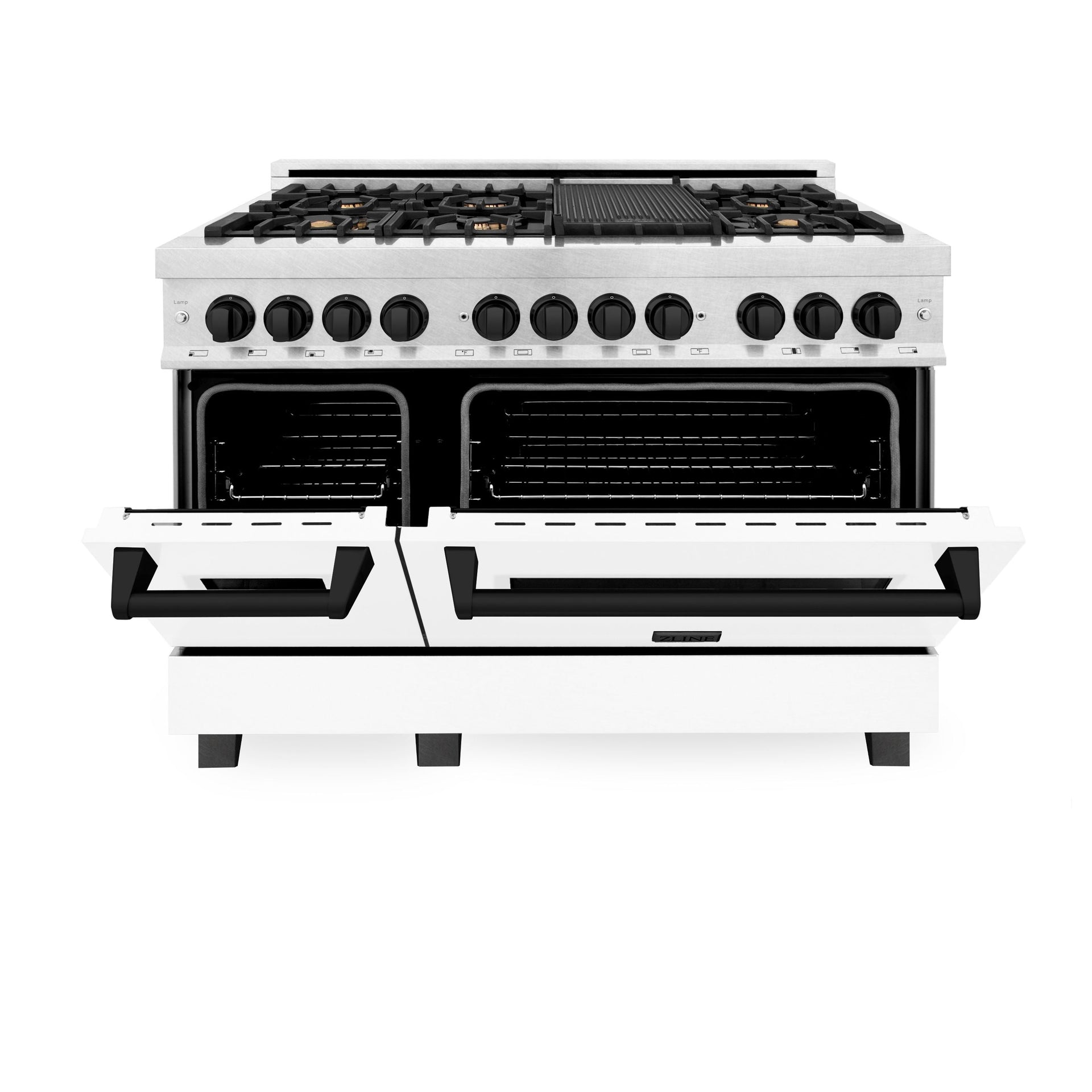 zline-autograph-48-in-6-0-cu-ft-legacy-dual-fuel-range-with-7-gas-burners-and-double-electric-ovens-in-satin-stainless-steel-with-white-matte-doors-and-matte-black-accents-rasz-wm-48-mb