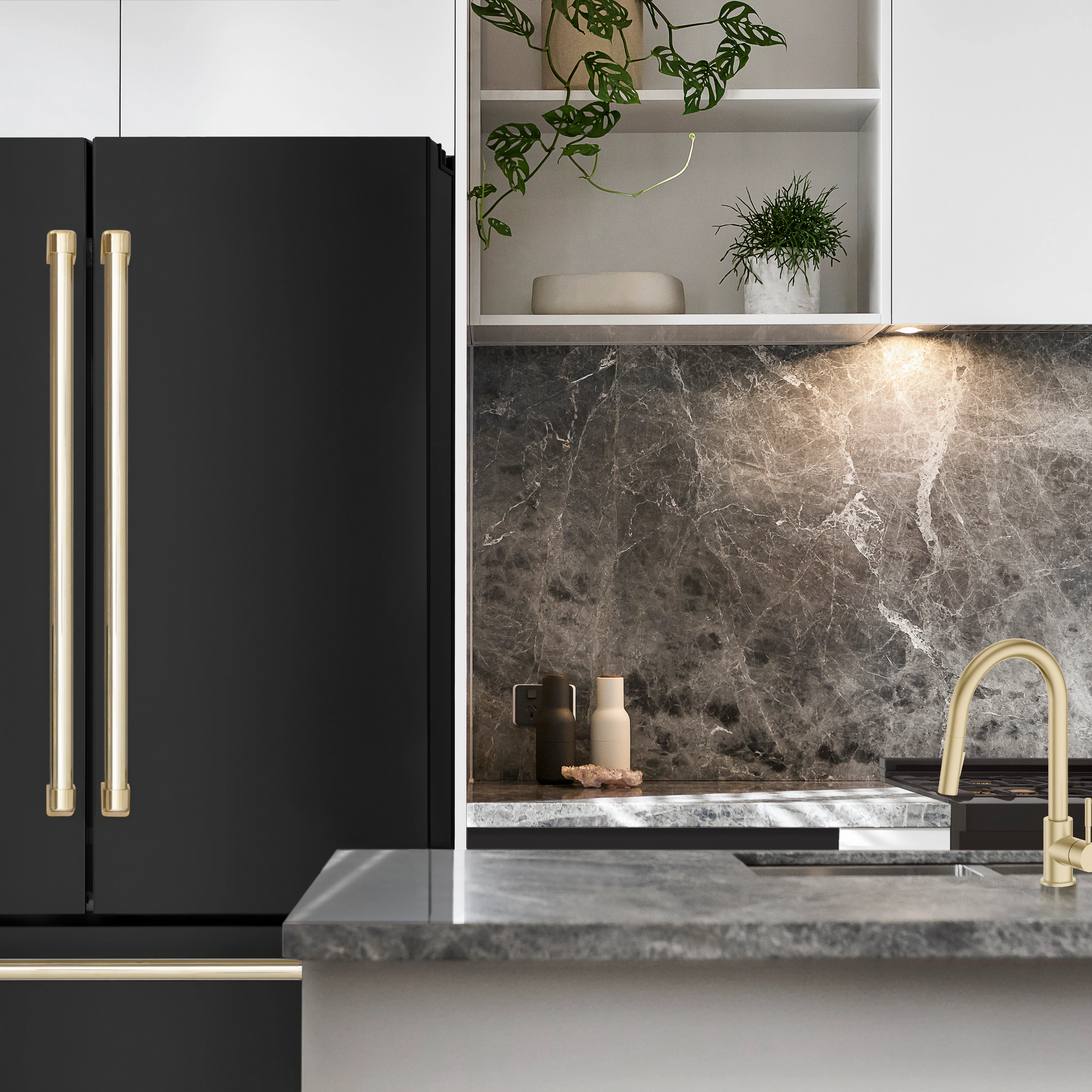 zline-autograph-package-30-dual-fuel-range-range-hood-refrigerator-dishwasher-in-black-stainless-with-gold-accents