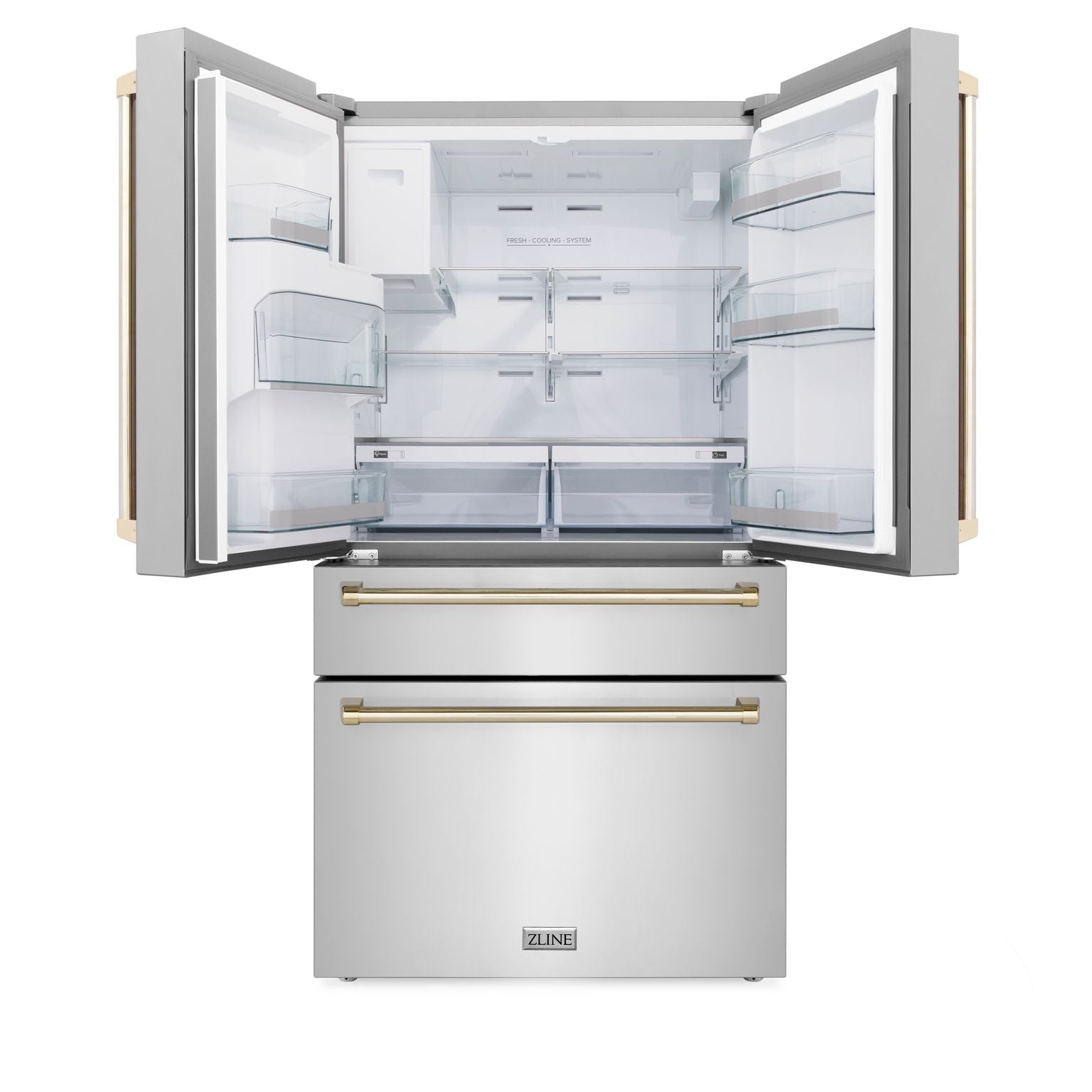 zline-autograph-package-36-dual-fuel-range-range-hood-dishwasher-refrigerator-with-water-ice-dispenser-in-stainless-steel-with-gold-accents