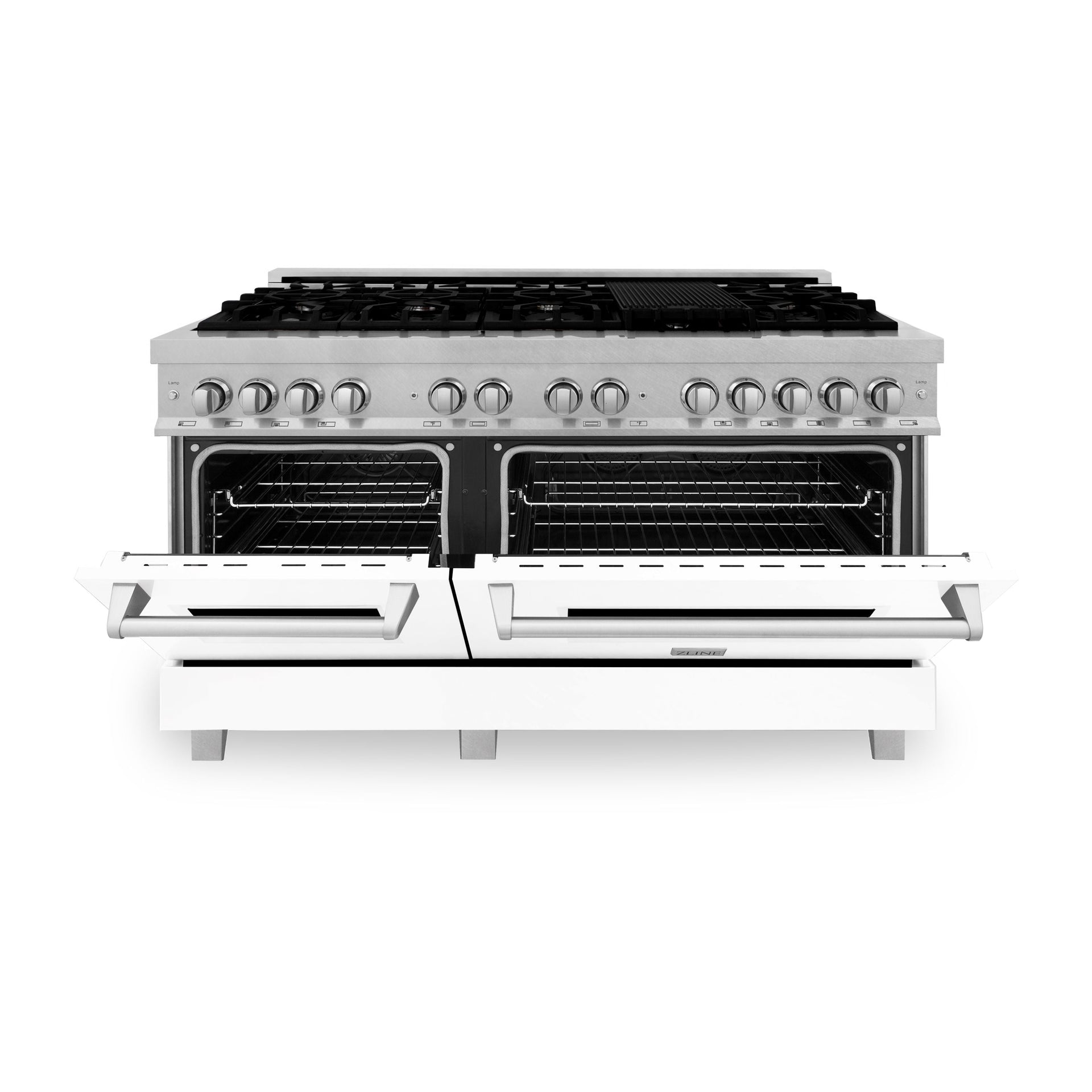 zline-60-in-7-4-cu-ft-legacy-dual-fuel-range-with-9-burner-gas-cooktop-and-double-electric-convection-ovens-in-satin-stainless-steel-with-white-matte-doors-ras-wm-60