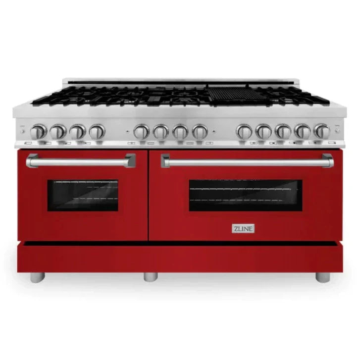 zline-60-inch-legacy-dual-fuel-range-9-gas-burners-2-electric-convection-ovens-7-4-cu-ft-satin-stainless-steel-with-red-gloss-doors-ras-rg-60