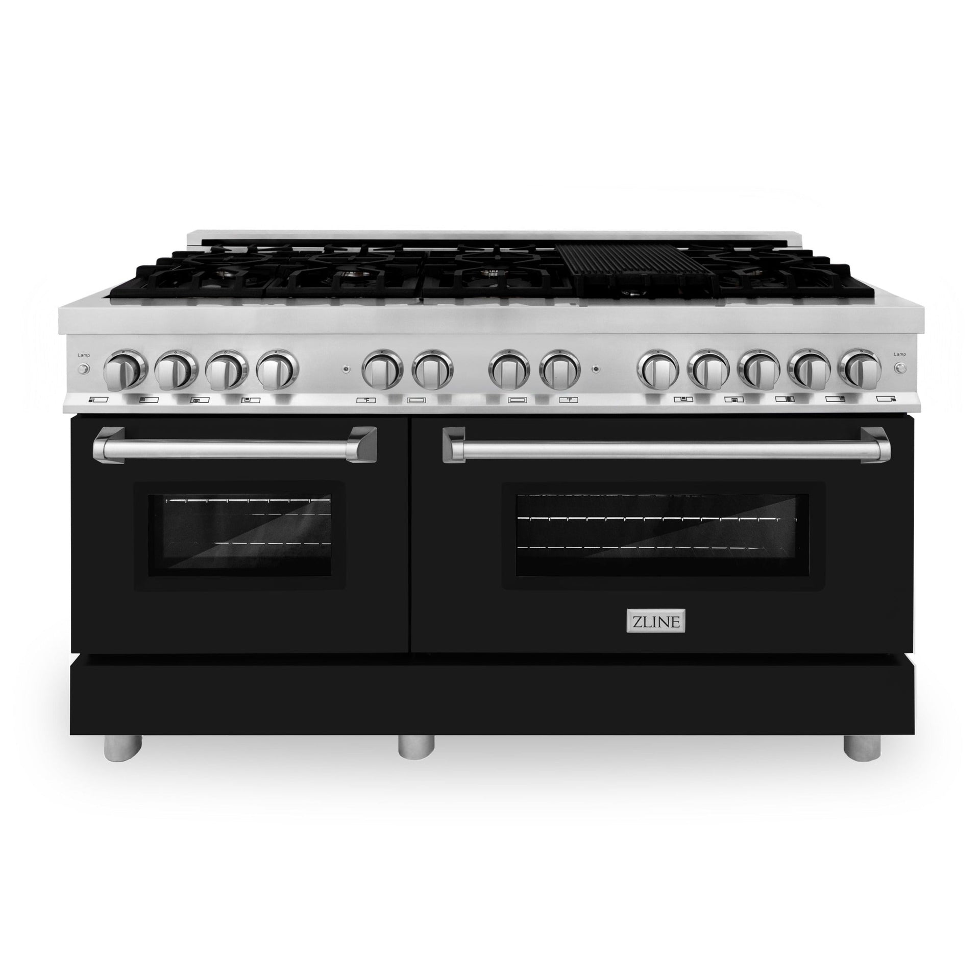 zline-60-inch-dual-fuel-professional-range-with-gas-cooktop-and-electric-convection-oven-in-stainless-steel-with-black-matte-door-ra-blm-60