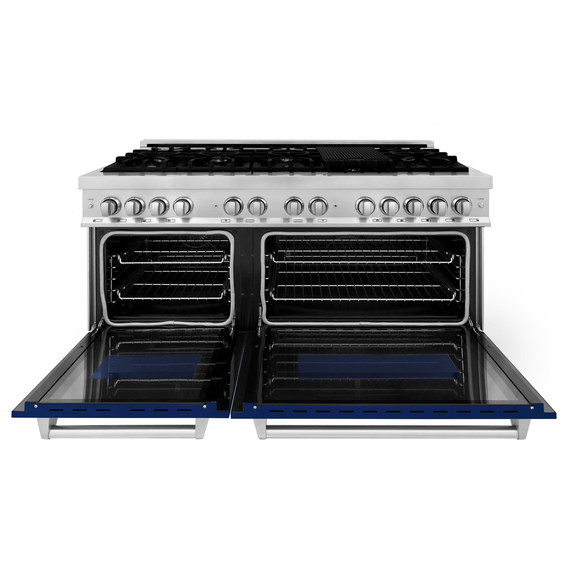 zline-60-inch-dual-fuel-professional-range-with-gas-cooktop-and-electric-convection-oven-in-stainless-steel-with-blue-gloss-door-ra-bg-60