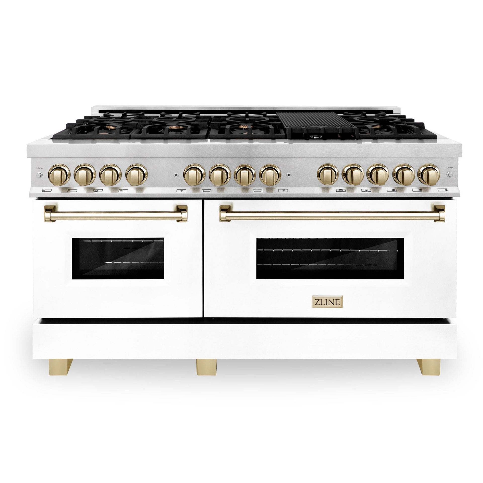 zline-autograph-edition-60-in-7-4-cu-ft-legacy-dual-fuel-range-with-9-gas-burners-and-double-electric-convection-ovens-in-satin-stainless-steel-with-white-matte-doors-and-polished-gold-accents-rasz-wm-60-g