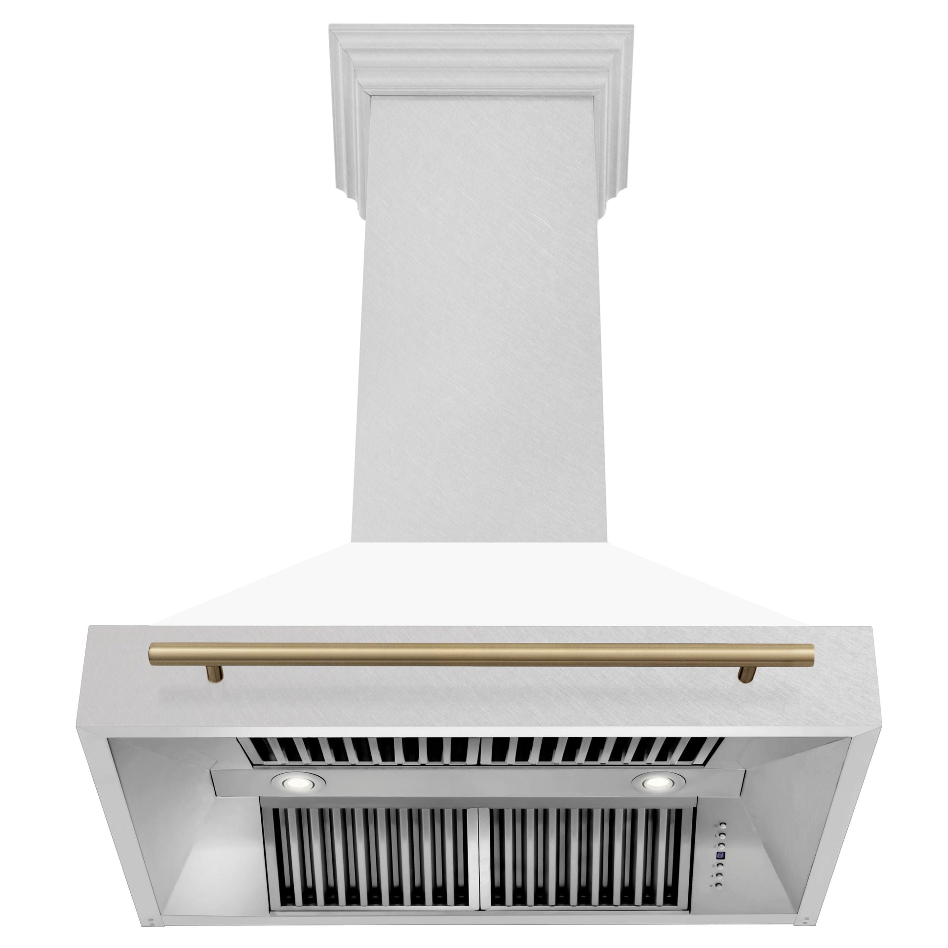 zline-36-in-wall-mount-range-hood-satin-stainless-steel-white-matte-shell-champagne-bronze-handle-8654snz-wm36-cb
