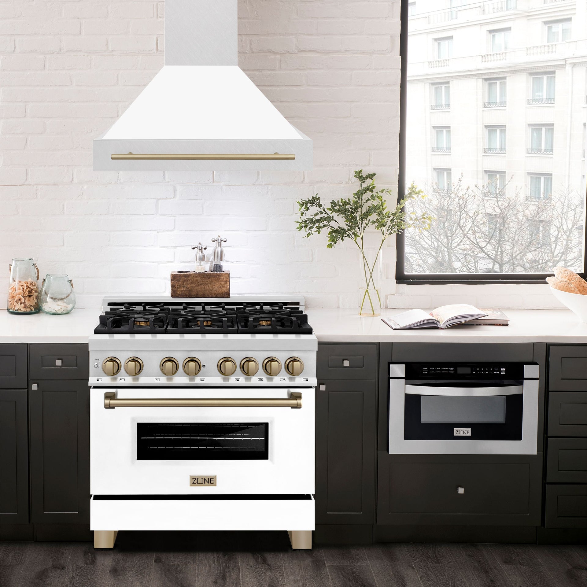 zline-36-in-wall-mount-range-hood-satin-stainless-steel-white-matte-shell-champagne-bronze-handle-8654snz-wm36-cb