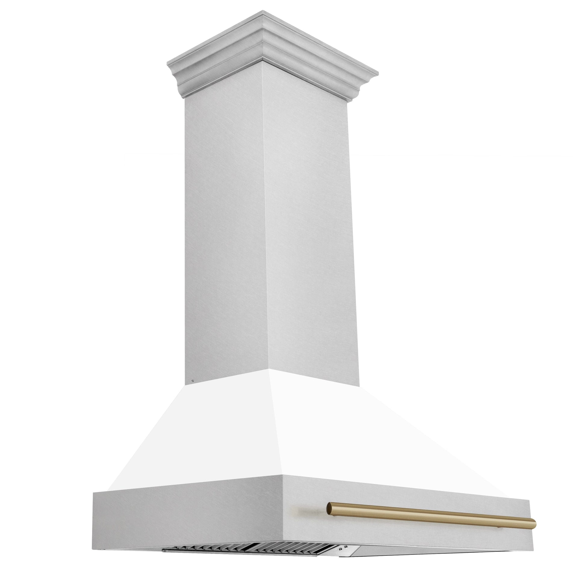 zline-36-in-wall-mount-range-hood-satin-stainless-steel-white-matte-shell-champagne-bronze-handle-8654snz-wm36-cb