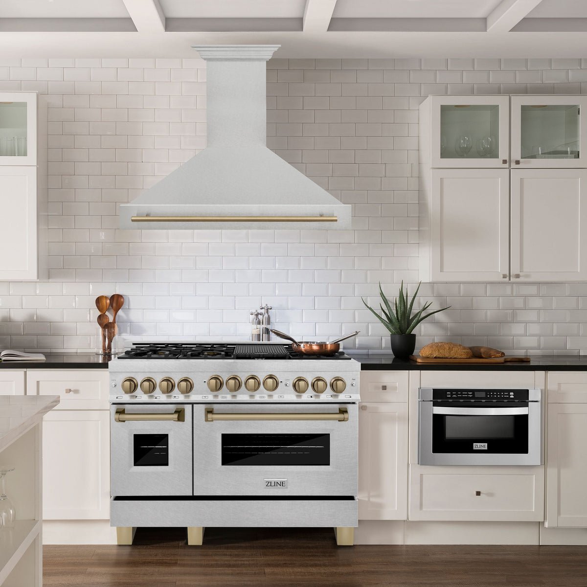 ZLINE 48 in Wall Mount Range Hood Satin Stainless Steel Champagne Bronze Handle 8654SNZ-48-CB