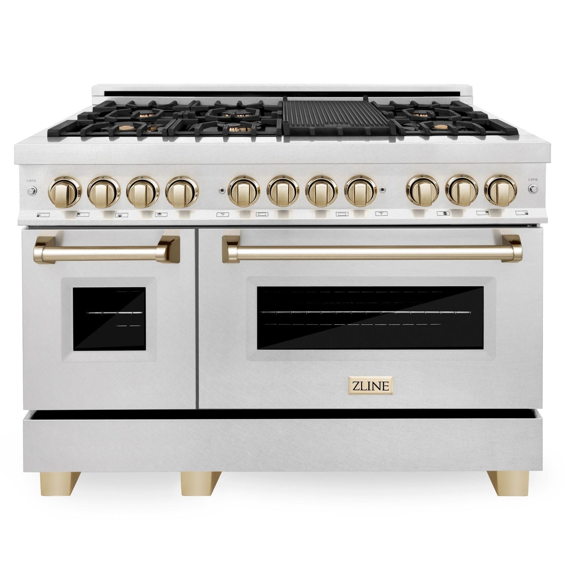 zline-autograph-edition-48-in-6-0-cu-ft-legacy-dual-fuel-range-with-7-burner-gas-cooktop-and-double-electric-ovens-in-satin-stainless-steel-with-polished-gold-accents-rasz-sn-48-g