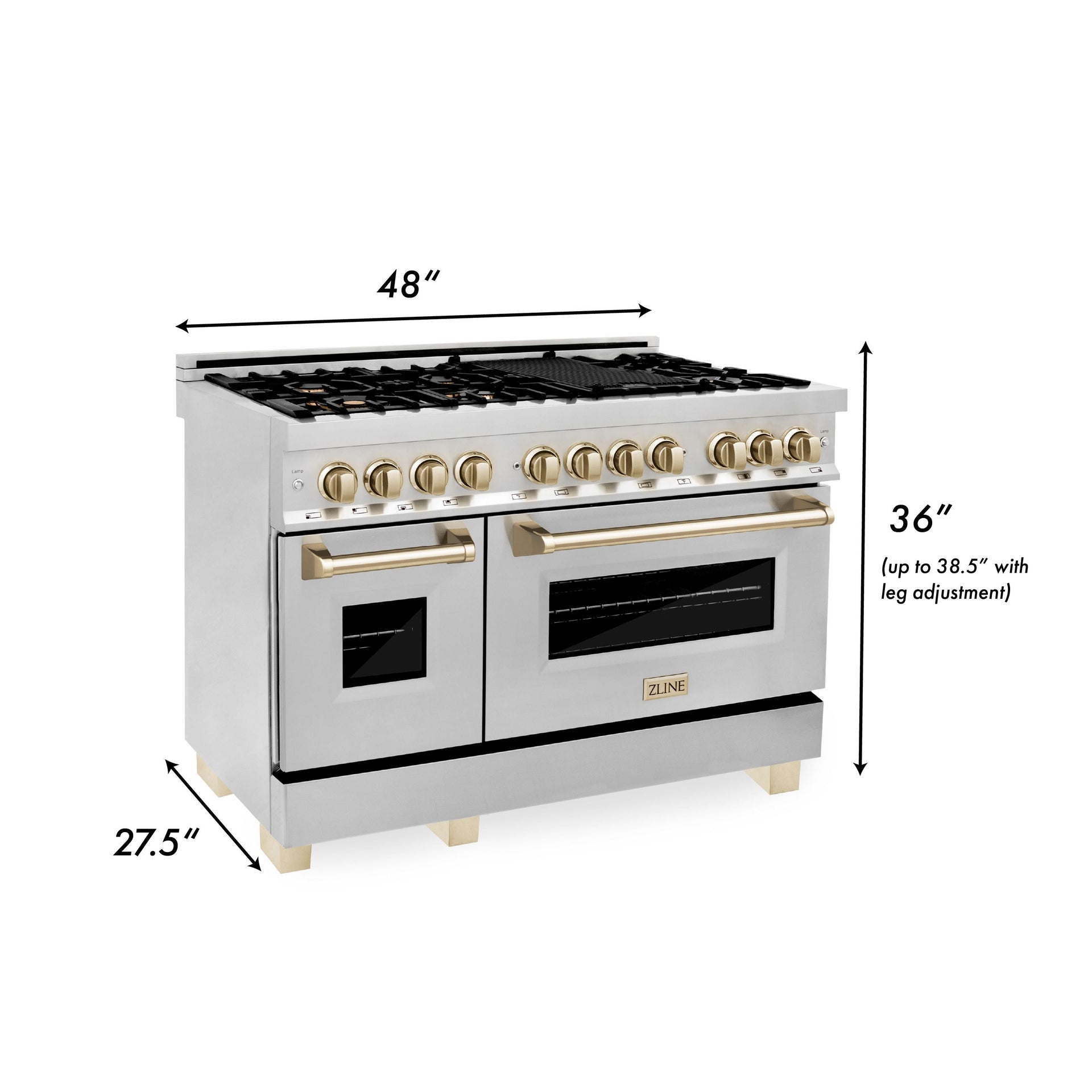 zline-autograph-package-48-dual-fuel-range-range-hood-refrigerator-microwave-and-dishwasher-in-stainless-steel-with-gold-accents
