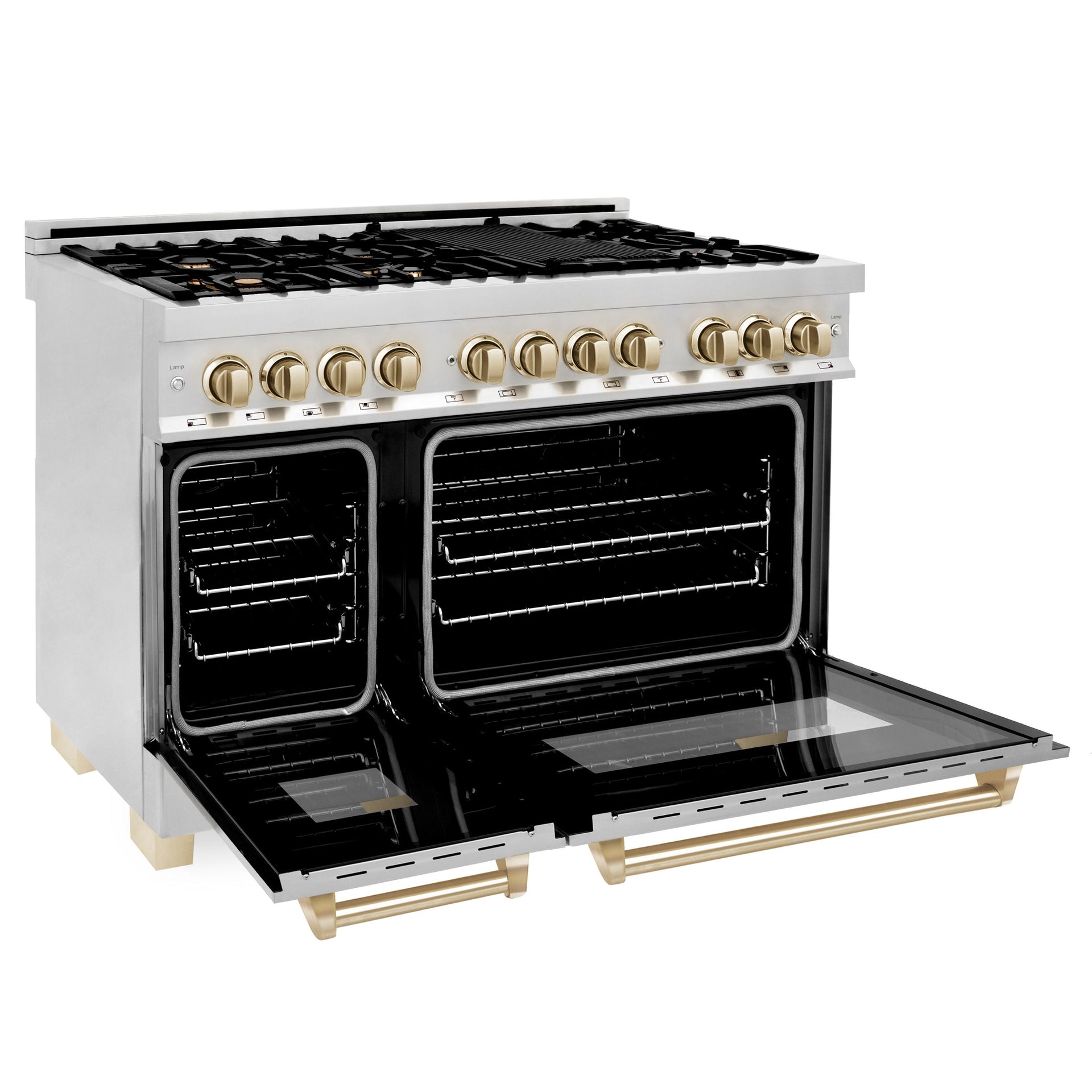 zline-autograph-package-48-dual-fuel-range-range-hood-dishwasher-refrigerator-with-water-ice-dispenser-with-gold-accents