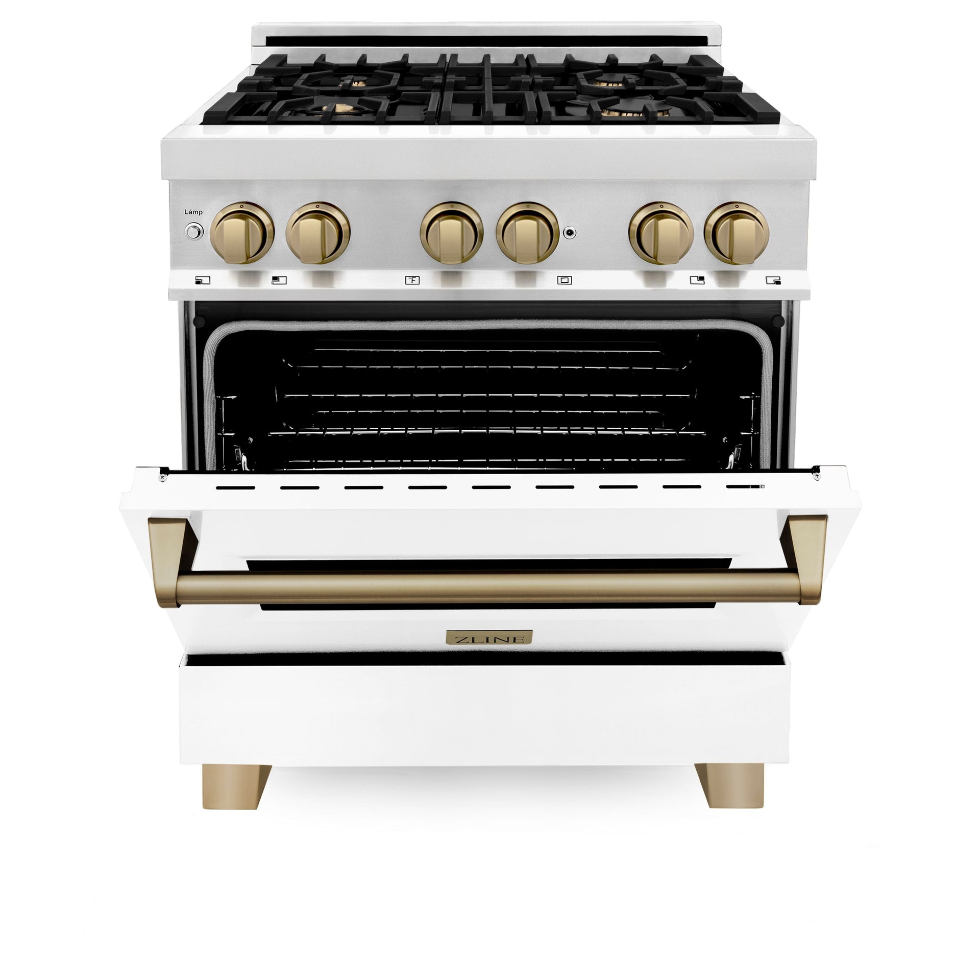 zline-autograph-30-in-4-0-cu-ft-dual-fuel-range-with-gas-cooktop-and-electric-convection-oven-in-stainless-steel-with-white-matte-door-and-champagne-bronze-accents-raz-wm-30-cb