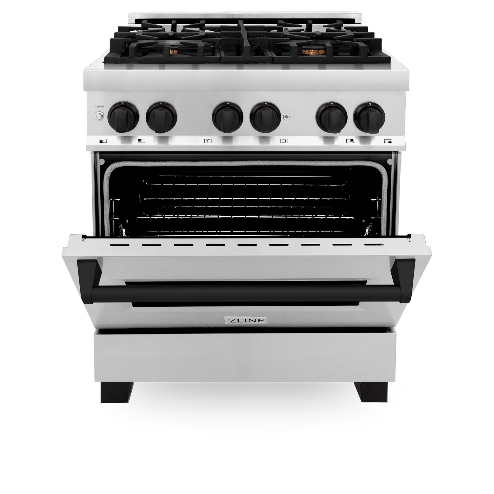 zline-autograph-30-in-4-0-cu-ft-dual-fuel-range-with-gas-cooktop-and-electric-convection-oven-in-stainless-steel-with-black-matte-accents-raz-30-mb