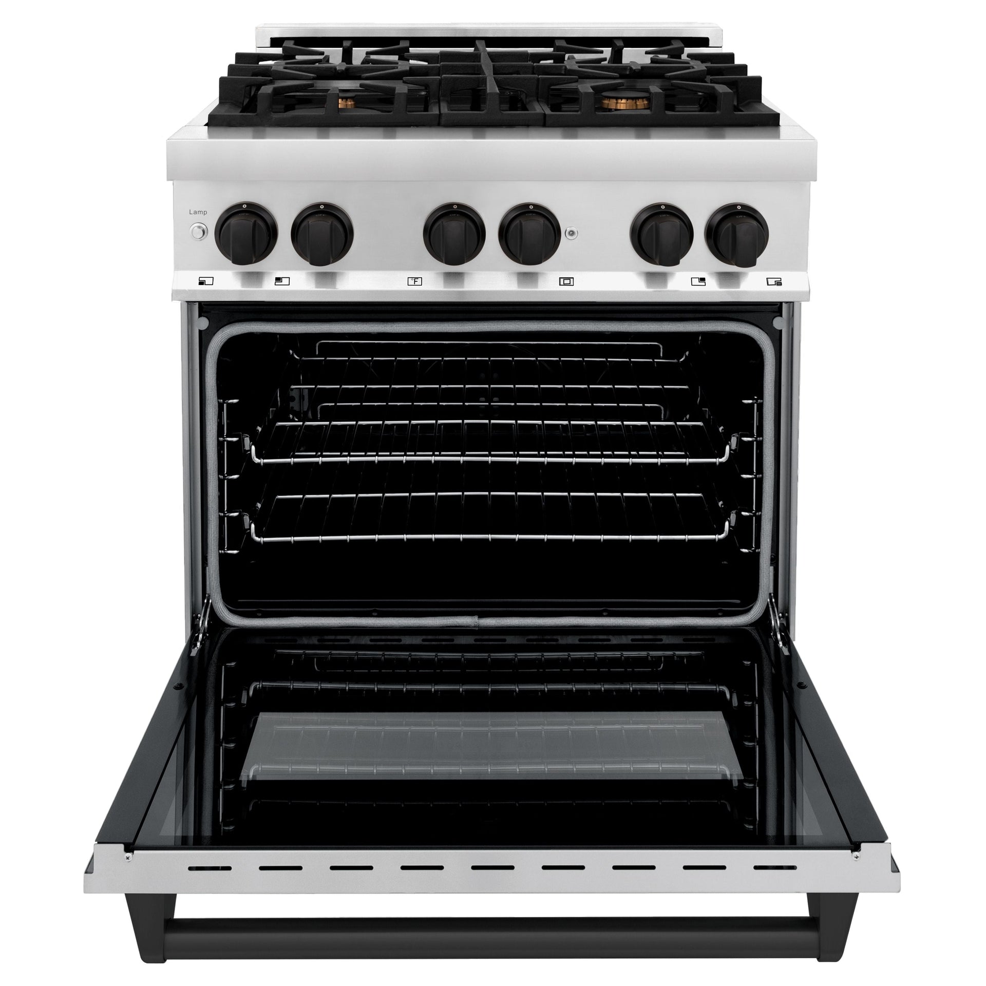 zline-autograph-30-in-4-0-cu-ft-dual-fuel-range-with-gas-cooktop-and-electric-convection-oven-in-stainless-steel-with-black-matte-accents-raz-30-mb