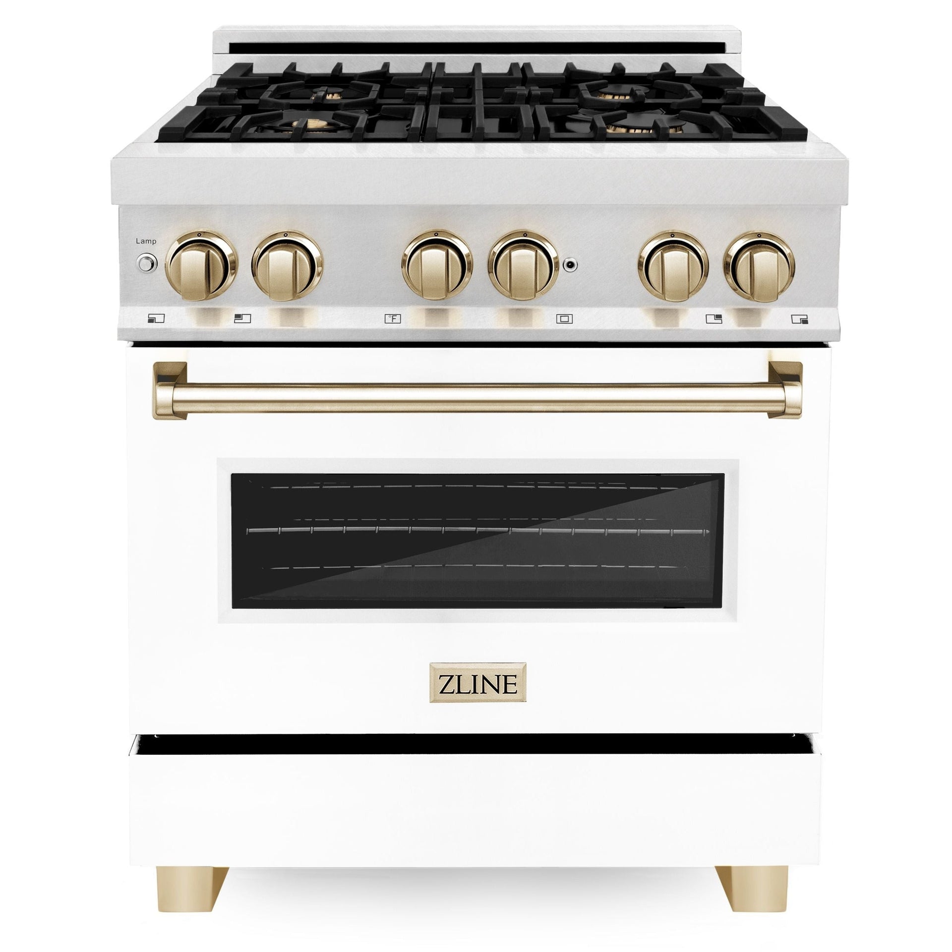 zline-autograph-edition-30-in-4-0-cu-ft-legacy-dual-fuel-range-with-4-burner-gas-cooktop-and-electric-convection-oven-in-satin-stainless-steel-with-white-matte-door-and-polished-gold-accents-rasz-wm-30-g