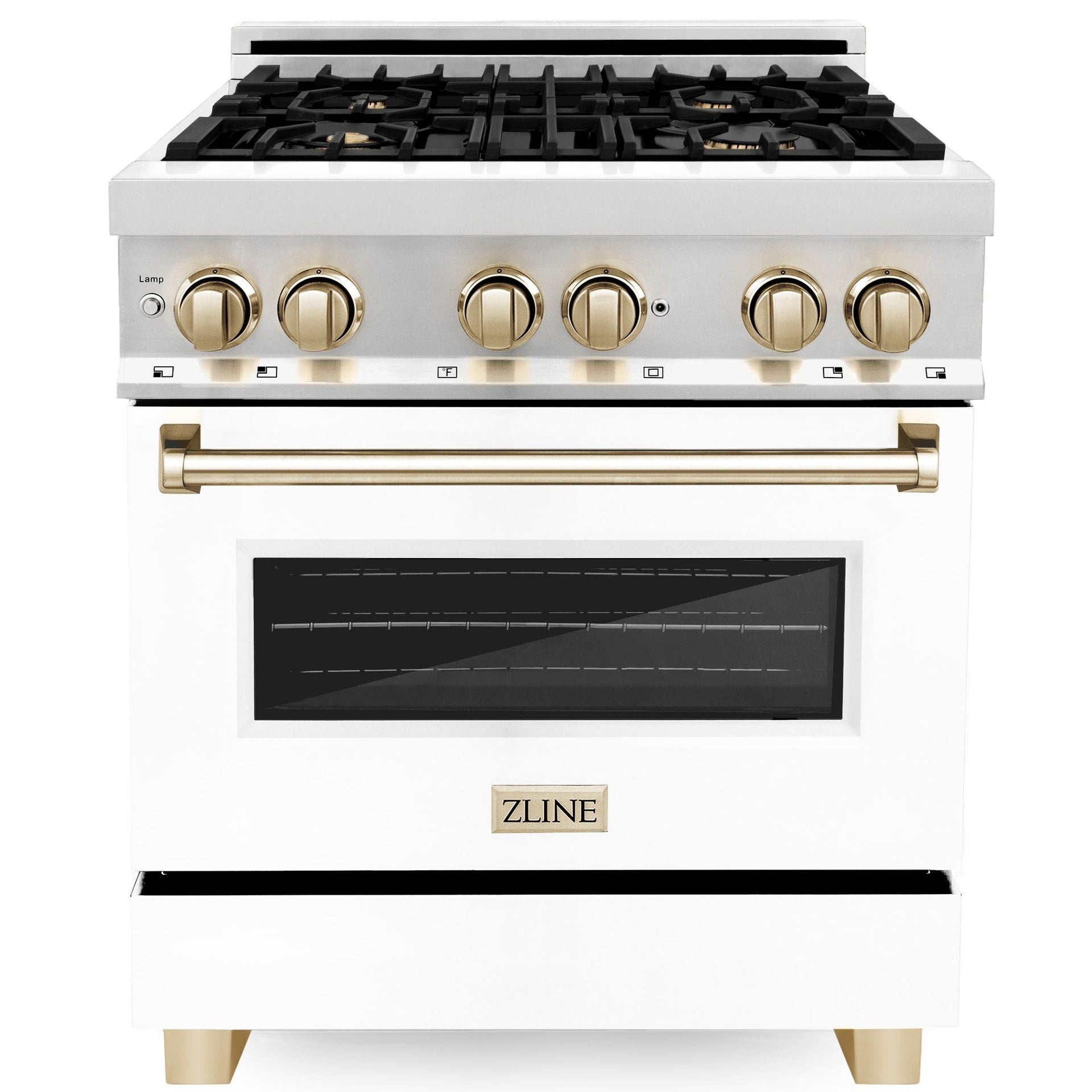 zline-kitchen-and-bath-autograph-edition-30-in-dual-fuel-range-4-0-cu-ft-electric-convection-oven-4-gas-burners-white-matte-door-with-gold-accents-model-raz-wm-30-g