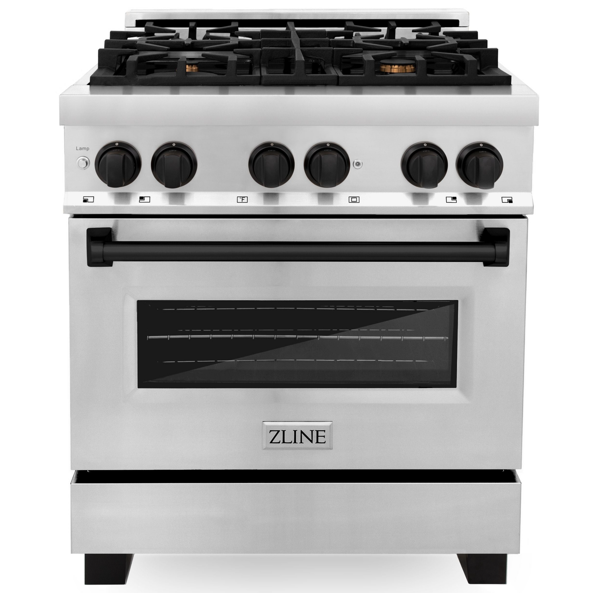 zline-autograph-30-in-4-0-cu-ft-dual-fuel-range-with-gas-cooktop-and-electric-convection-oven-in-stainless-steel-with-black-matte-accents-raz-30-mb