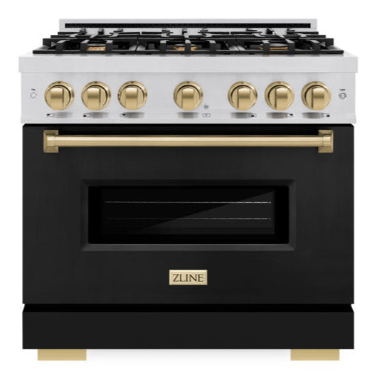 zline-autograph-edition-36-in-dual-fuel-range-with-6-gas-burners-and-electric-convection-oven-stainless-steel-with-black-matte-door-and-champagne-bronze-accents-cdrz-blm-36-cb