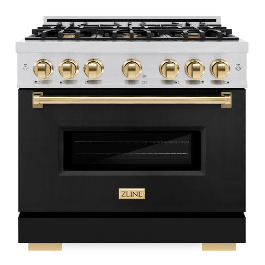 zline-36-in-dual-fuel-range-5-2-cu-ft-6-burner-gas-cooktop-electric-convection-oven-stainless-steel-black-matte-door-polished-gold-accents-cdrz-blm-36-g