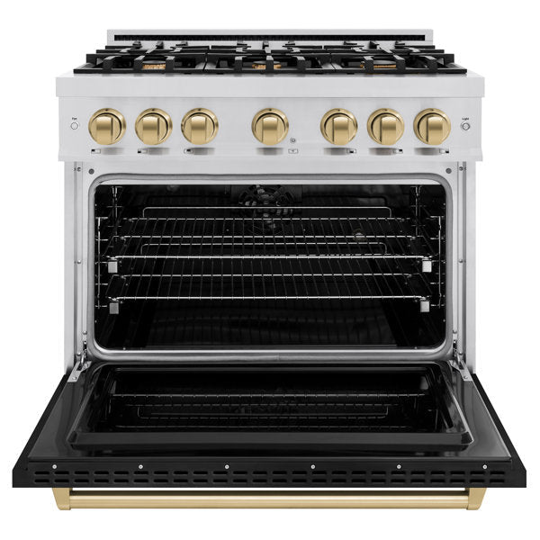 zline-autograph-edition-36-in-dual-fuel-range-with-6-gas-burners-and-electric-convection-oven-stainless-steel-with-black-matte-door-and-champagne-bronze-accents-cdrz-blm-36-cb