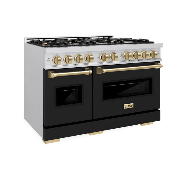 zline-48-in-gas-range-double-oven-6-7-cu-ft-8-burners-stainless-steel-black-matte-doors-champagne-bronze-accents-cgrz-blm-48-cb