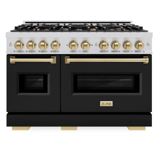 zline-48-in-gas-range-double-oven-6-7-cu-ft-8-burners-stainless-steel-black-matte-doors-champagne-bronze-accents-cgrz-blm-48-cb