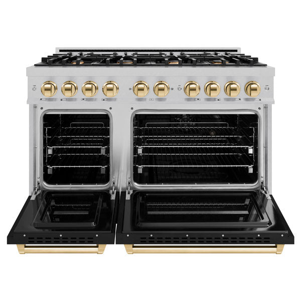 zline-48-in-double-oven-gas-range-6-7-cu-ft-8-burners-satin-stainless-steel-black-matte-doors-polished-gold-accents-cgrsz-blm-48-g